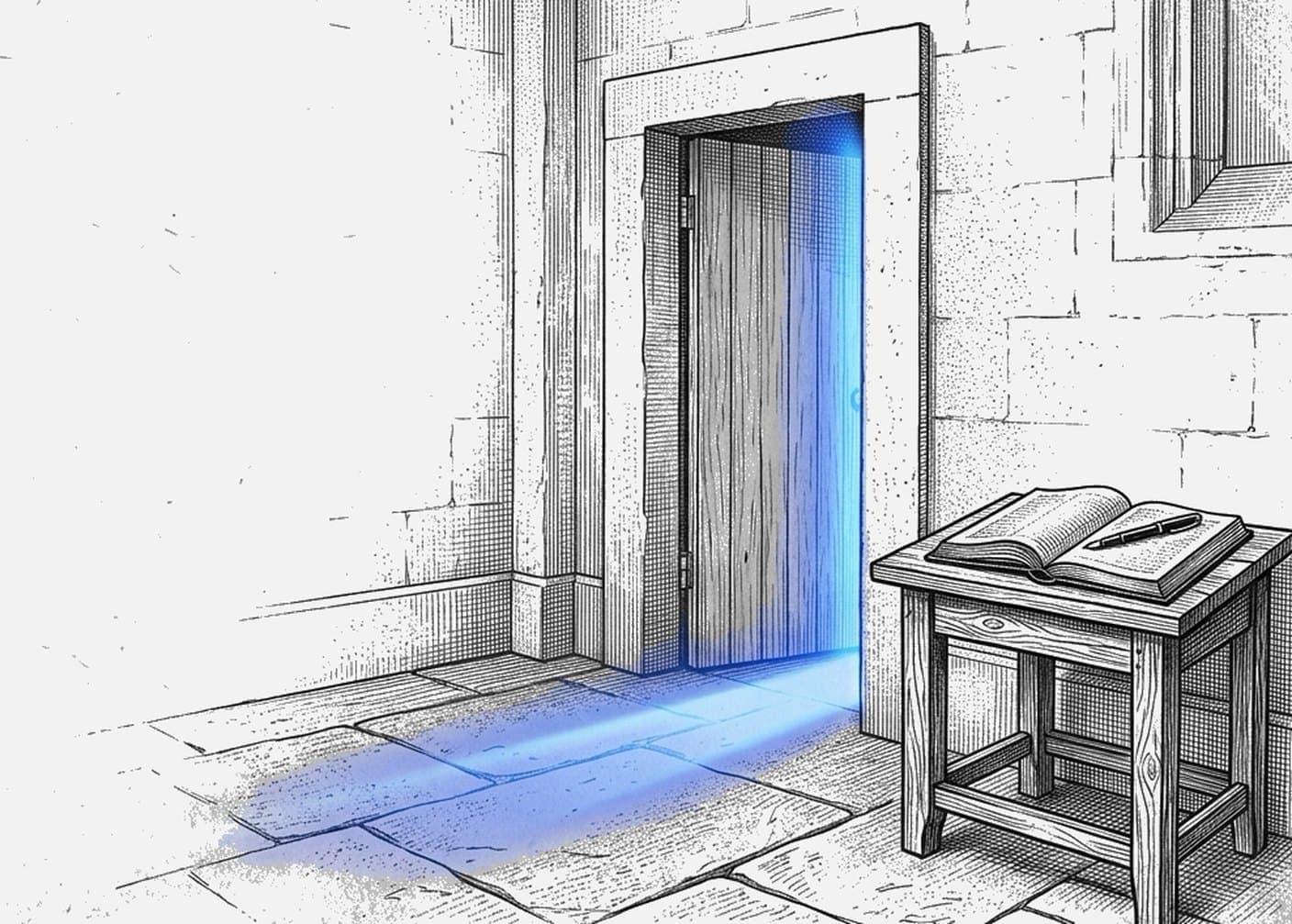 An engraving of a plain door standing slightly open in a stone wall, blue light coming through the gap, with an open appointment book and a pen on the table beside it.