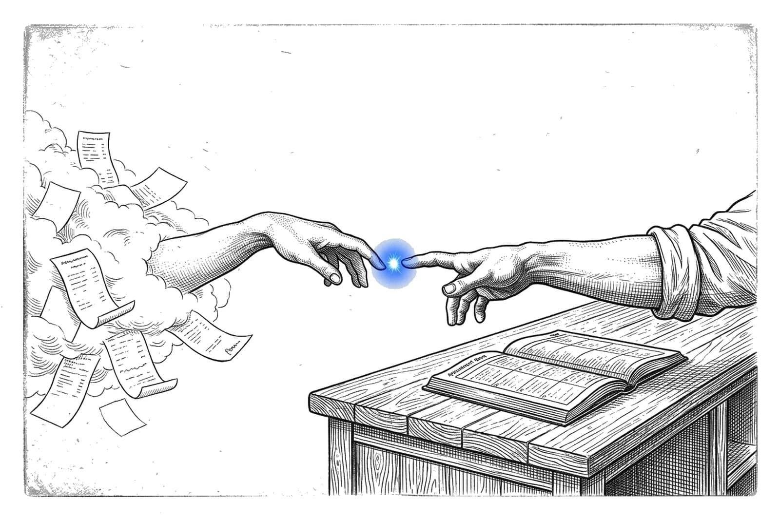 An engraving: a hand made of drifting paper slips reaches from the left towards the hand of a shopkeeper reaching back across their counter. Their fingertips almost meet above an open appointment book, and a single blue spark bridges the gap between them.