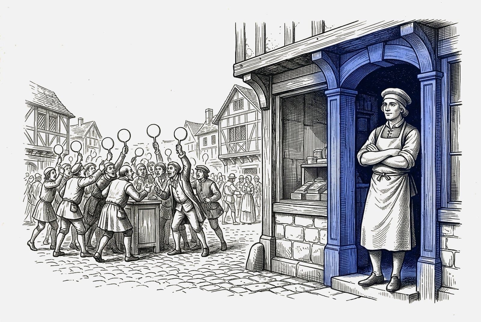 An engraving of a street auction where the bidders hold up empty paddles, while a shopkeeper stands calmly in their own doorway with arms folded.
